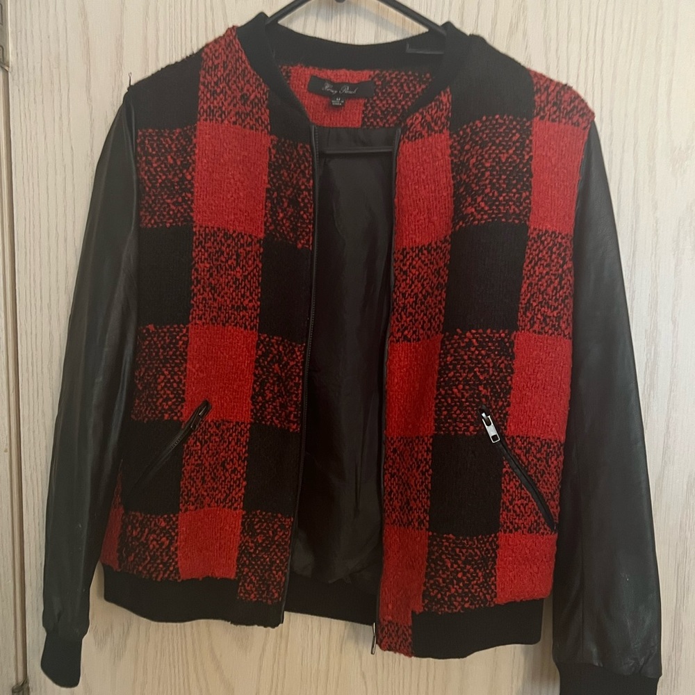 Honey punch Plaid Wool Blend And Leather Bomber Jacket size M almost new